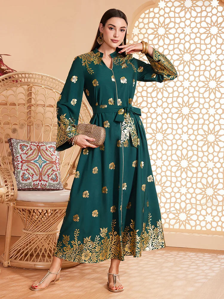 

Green Bronzing Abayas for Women Elegant Belted Maxi Dress Muslim Dubai Kaftan Turkey Robe Islamic Clothing Eid Djellaba Jalabiya