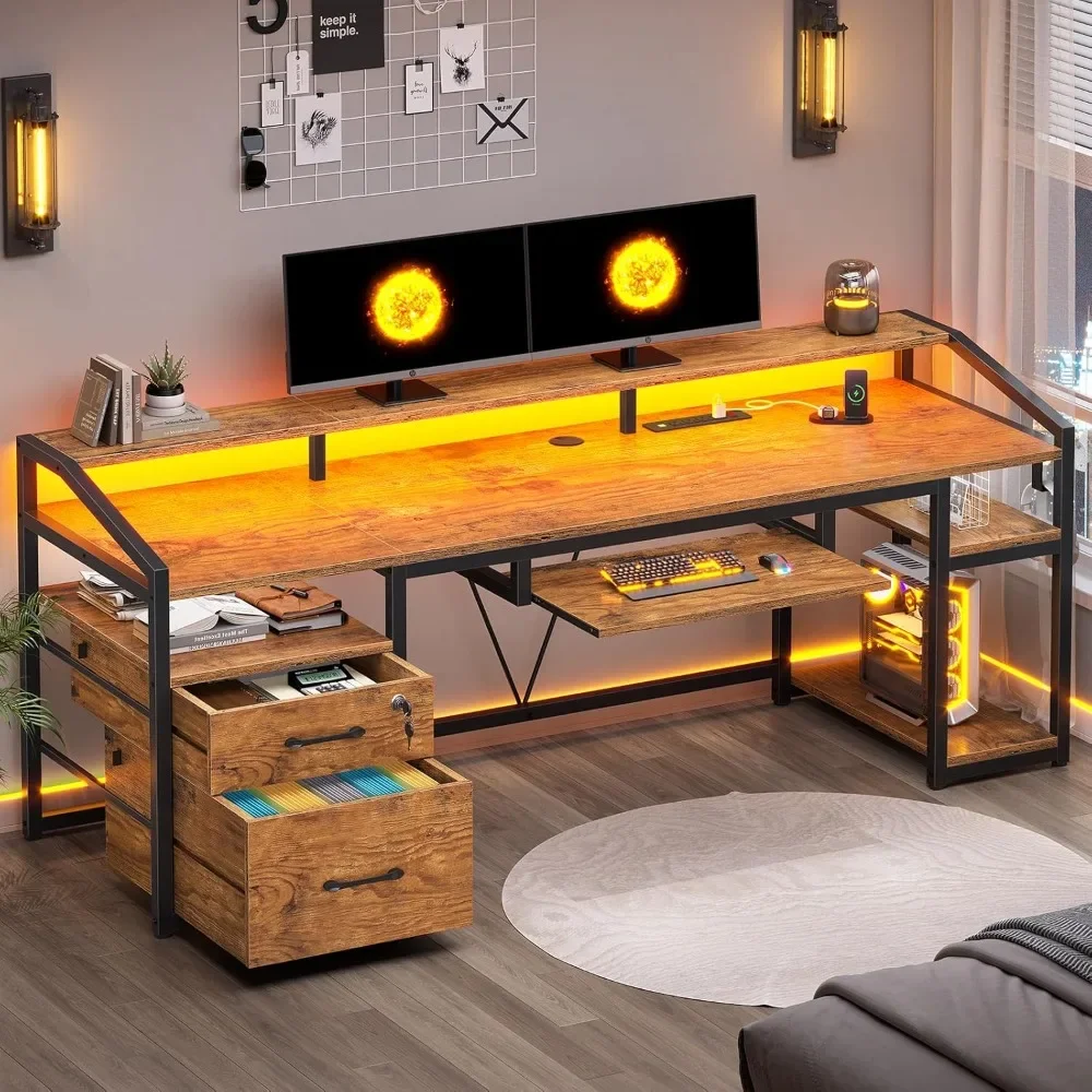 

63" Computer Desk, Office Desk with Lock Drawers for Legal/Letter File, Gaming Desk with LED Light & Power Outlet,