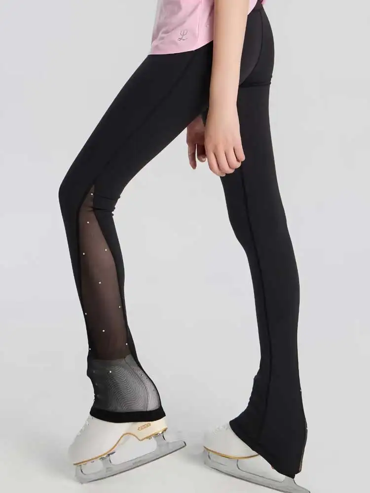 Girls Figure Skating Pants Mesh Rhinestone High‑Waist Ice Skating Leggings Over Skate Boots Training Competition Wear