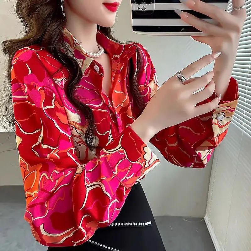 Red Printed Shirt Women's Spring Autumn Long Sleeved Blouse Chiffon Fashionable Temperament Top