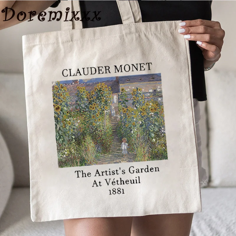 Claude Monet The Artist\'s Garden At Vétheuil Print Graphic Shoulder Bags Women Shopping Bag Retro Canvas Shopper Bags Tote Bag