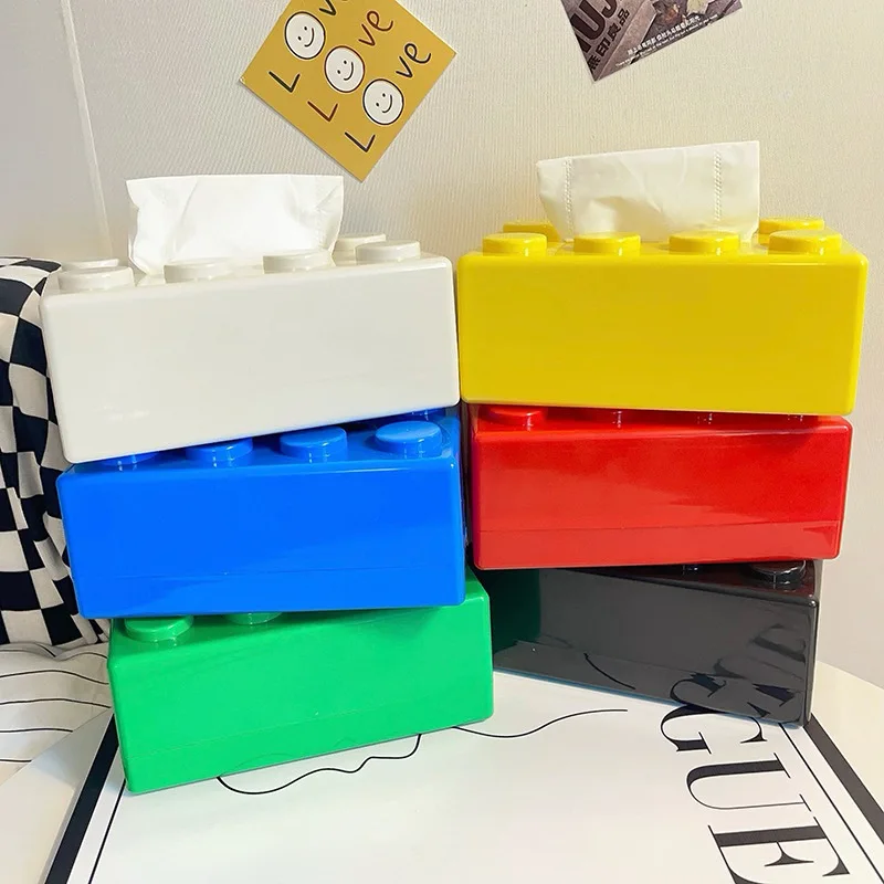 Caja de pañuelos creativa de dibujos animados con diseño de bloques de construcción, 1 unidad, de gran valor estético, para servilletas domésticas, caja de almacenamiento de papel para cajones.