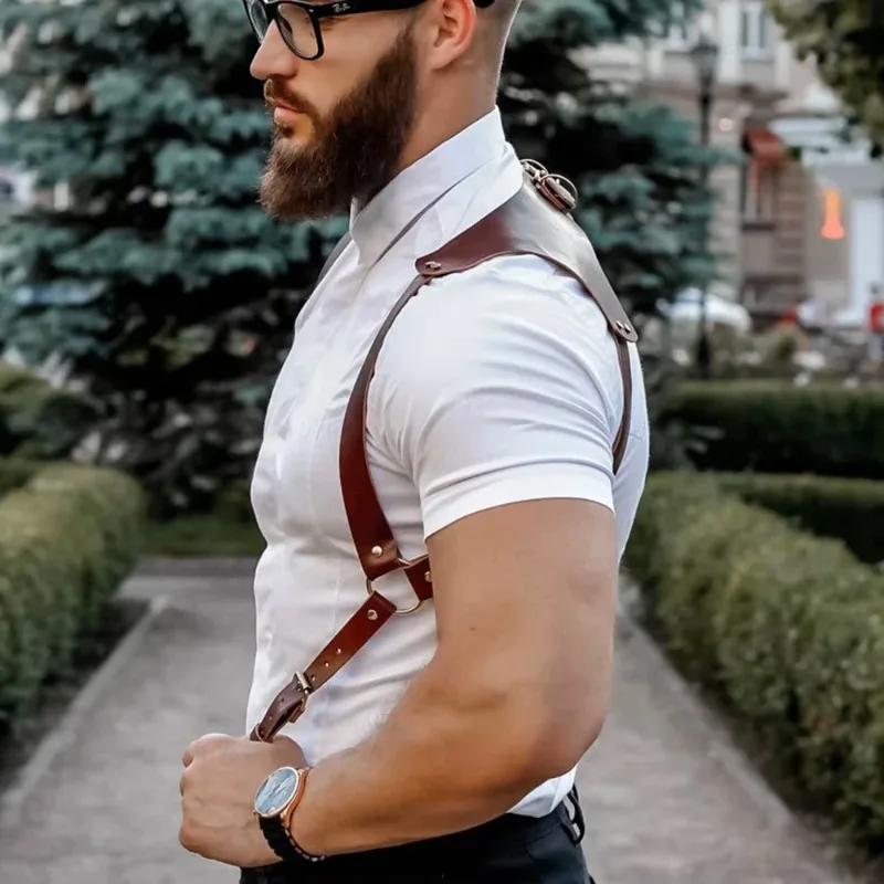 Fashion Men Knight Brown PU Leather Suspenders Fashion Suit Shirt Suspenders Belt for Party Club Costume Men Gifts