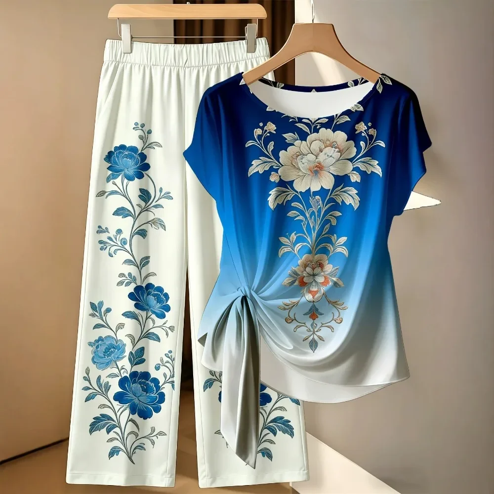 Women Floral Gradient Print Short Sleeve Tie Waist Wide Leg Pants Two Piece Set Casual Vacation Soft Breathable Comfy Outfit