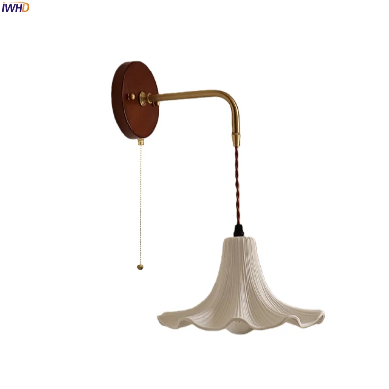

IWHD White Petal Ceramic LED Wall Sconce Lamp Bedroom Decoration Living Room Pull Chain Nordic Modern Porch Light Wandlampen