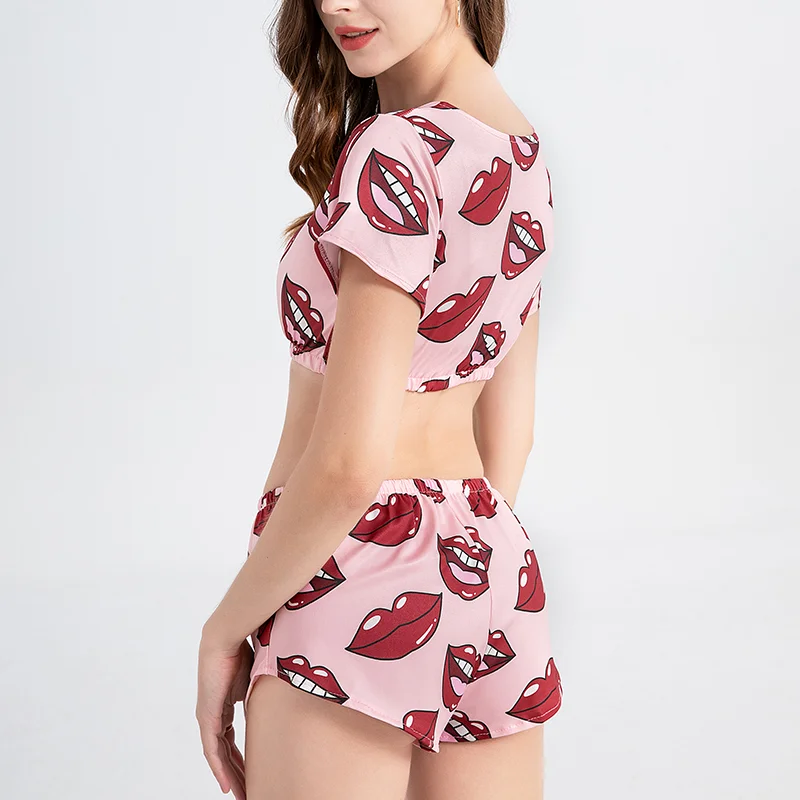 Summer Short Sexy Casual Lips Print Female Sleepwear Suit Pajamas 2pcs Top+Pants Skinng Women Homewear Underwear