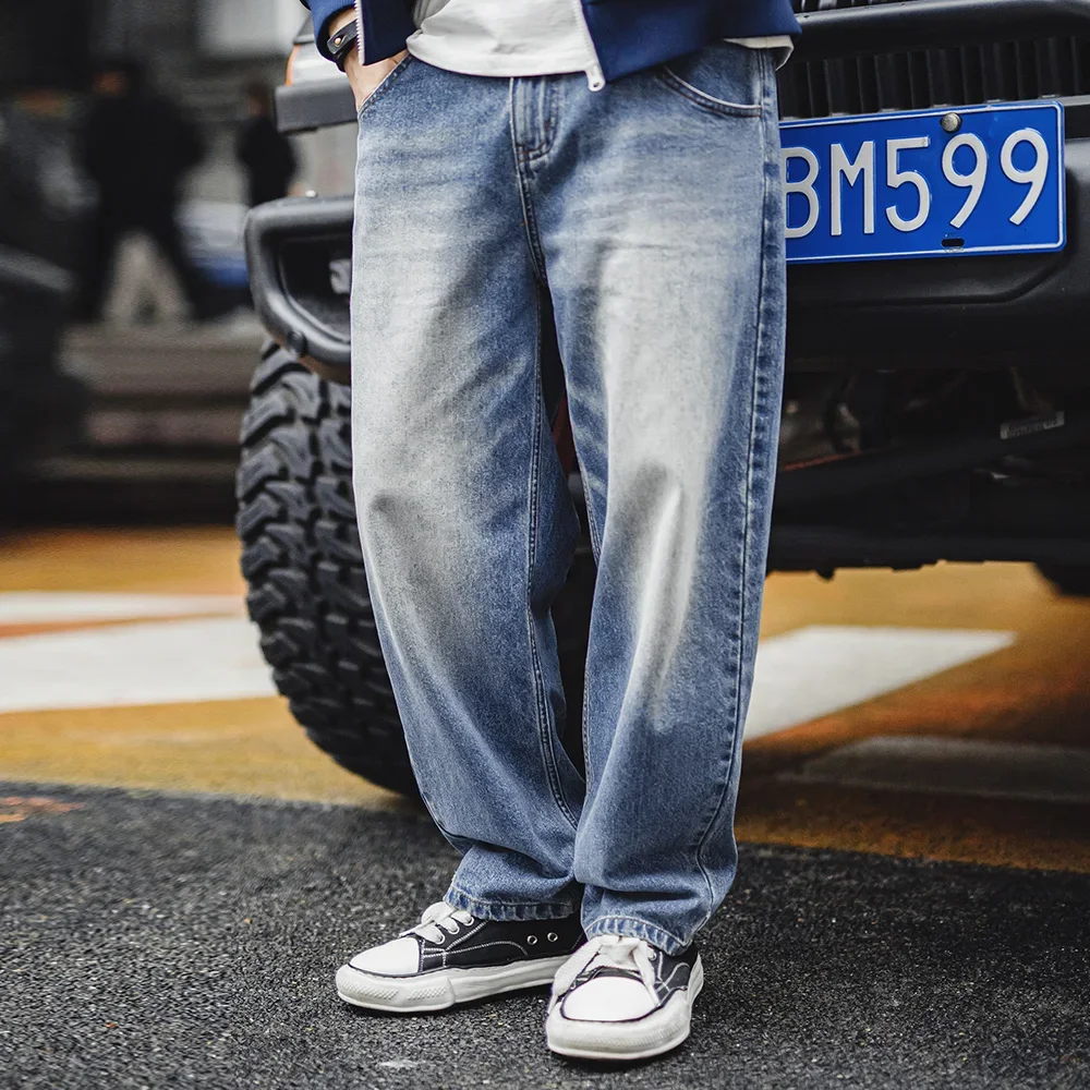 Maden Men\'s 12.6oz Retro Cat Whiskers Jeans Straight Casual Jeans with Large-Size Washed Denim Jeans for Spring Versatile Pants