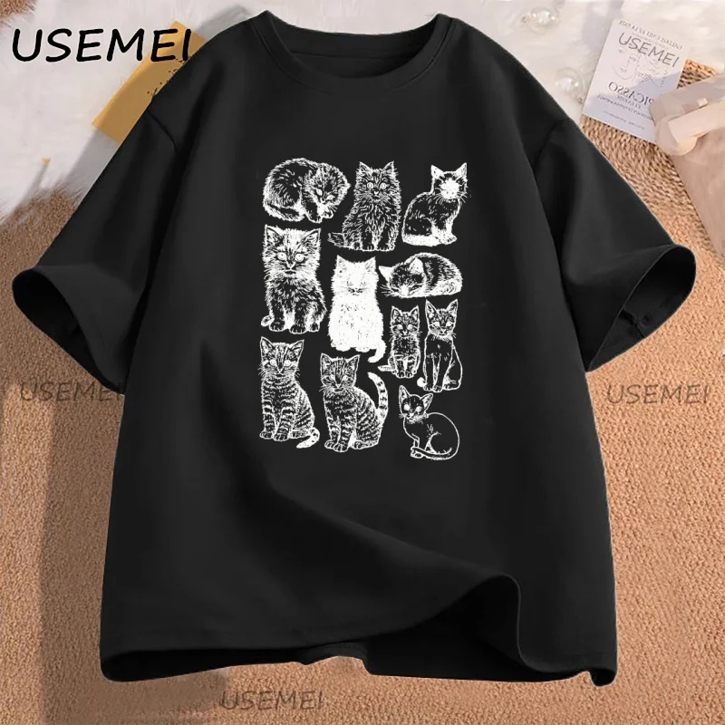 

Cats 90s Vintage Tshirt Cotton Short Sleeve Retro Y2k Kitten T Shirt Cat Lovers Cute Pet T-Shirt Loose Harajuku Fashion Y2k