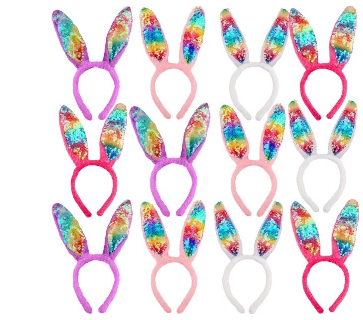 

300pcs Sequin Bunny Ears Headband For Girls Women Easter Birthday Party Rabbit Plush Hair Bands Decorations