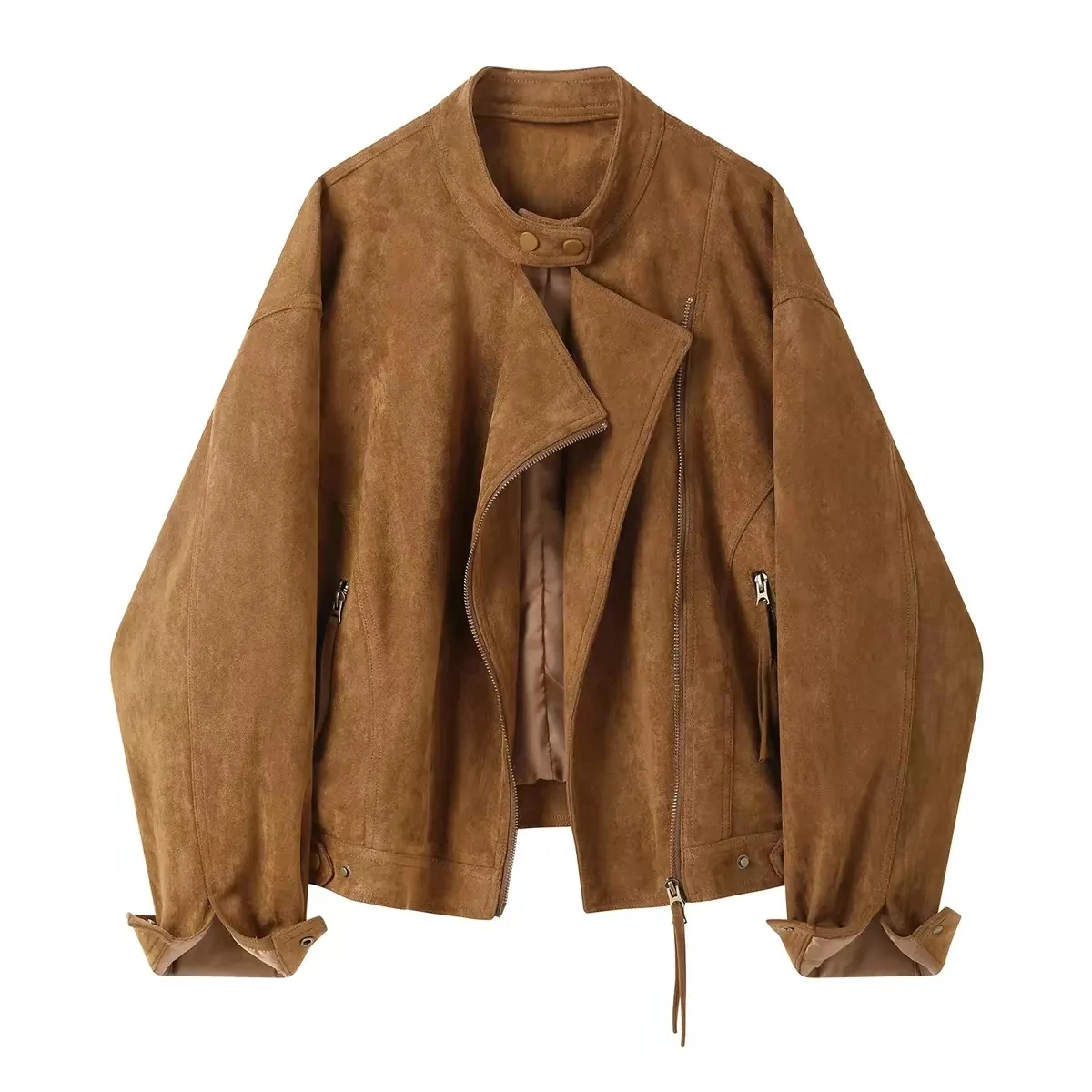 Imitation Suede Short Jacket For women 2026 Spring autumn New Round neck Motorcycle Flight Jackets Female Zipper Outwear Top