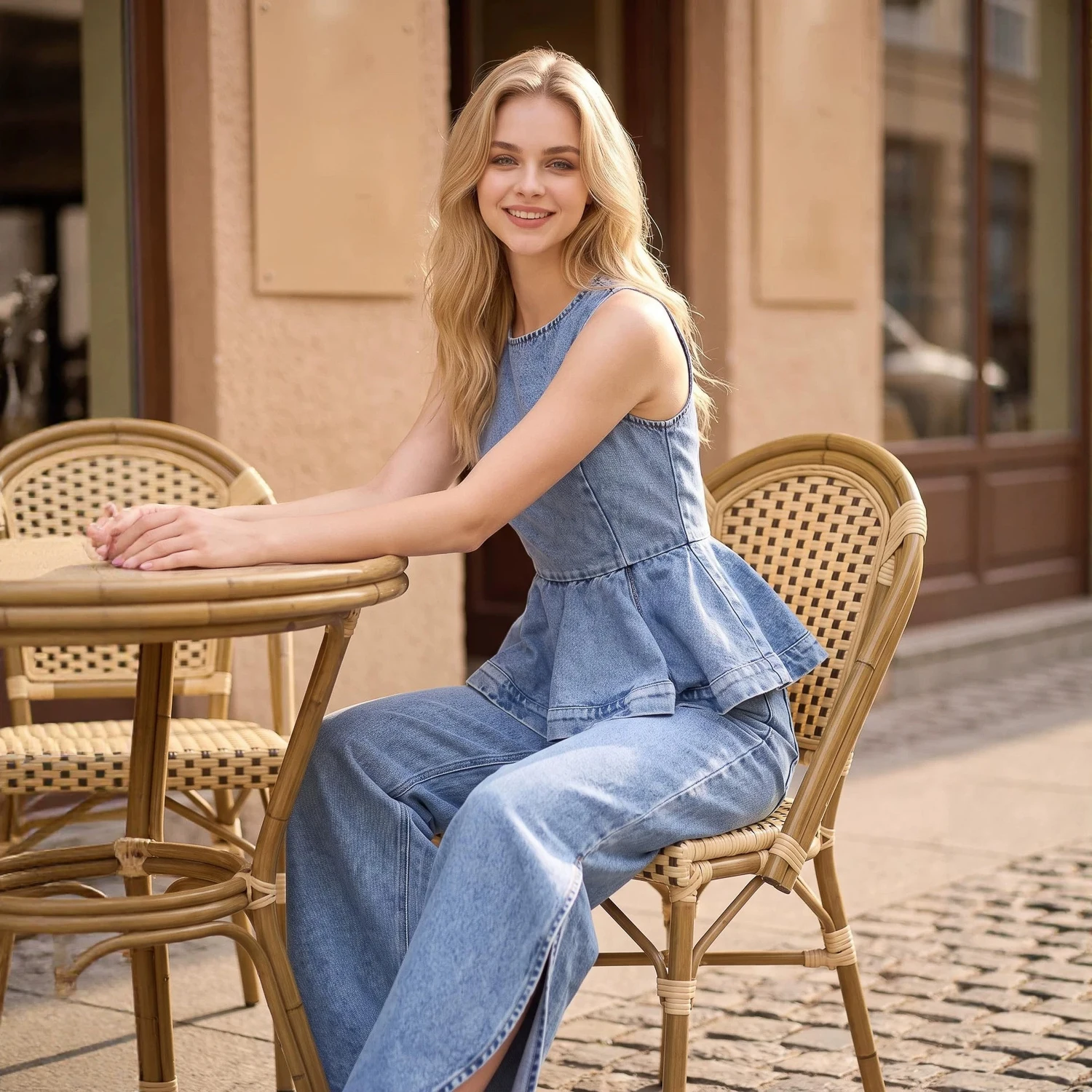 Y2K Women Denim Two Piece Outfit Sleeveless Ruffle Peplum Top High Waist Split Balloon Wide Leg Jean Matching Sets view 3