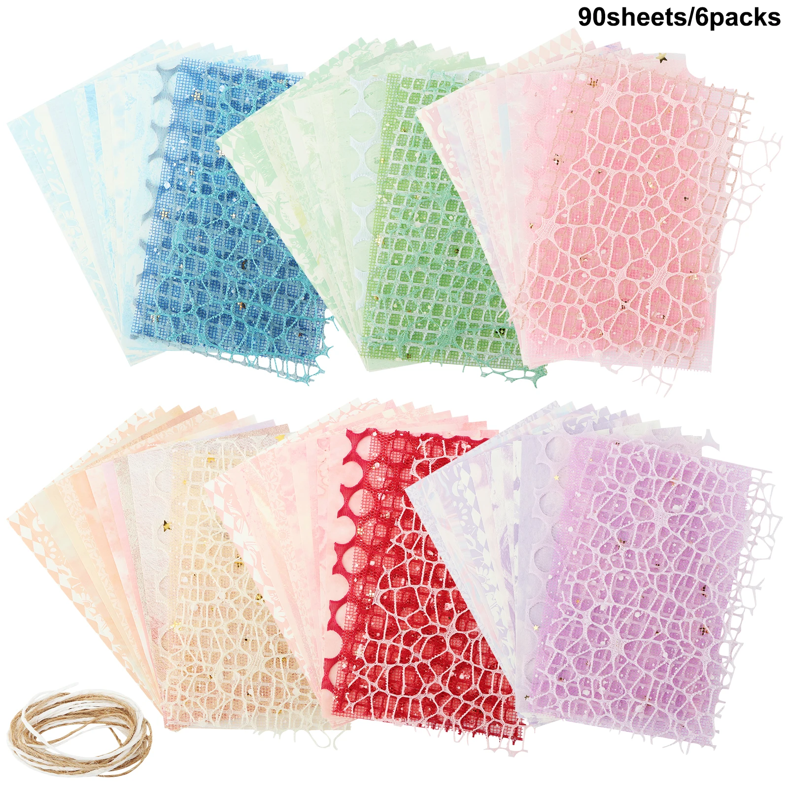 

90sheets/6packs DIY Craft Paper Mesh Assorted Handmade Colorful With 12 Rope For Scrapbooking Card Making Planner Embellishment