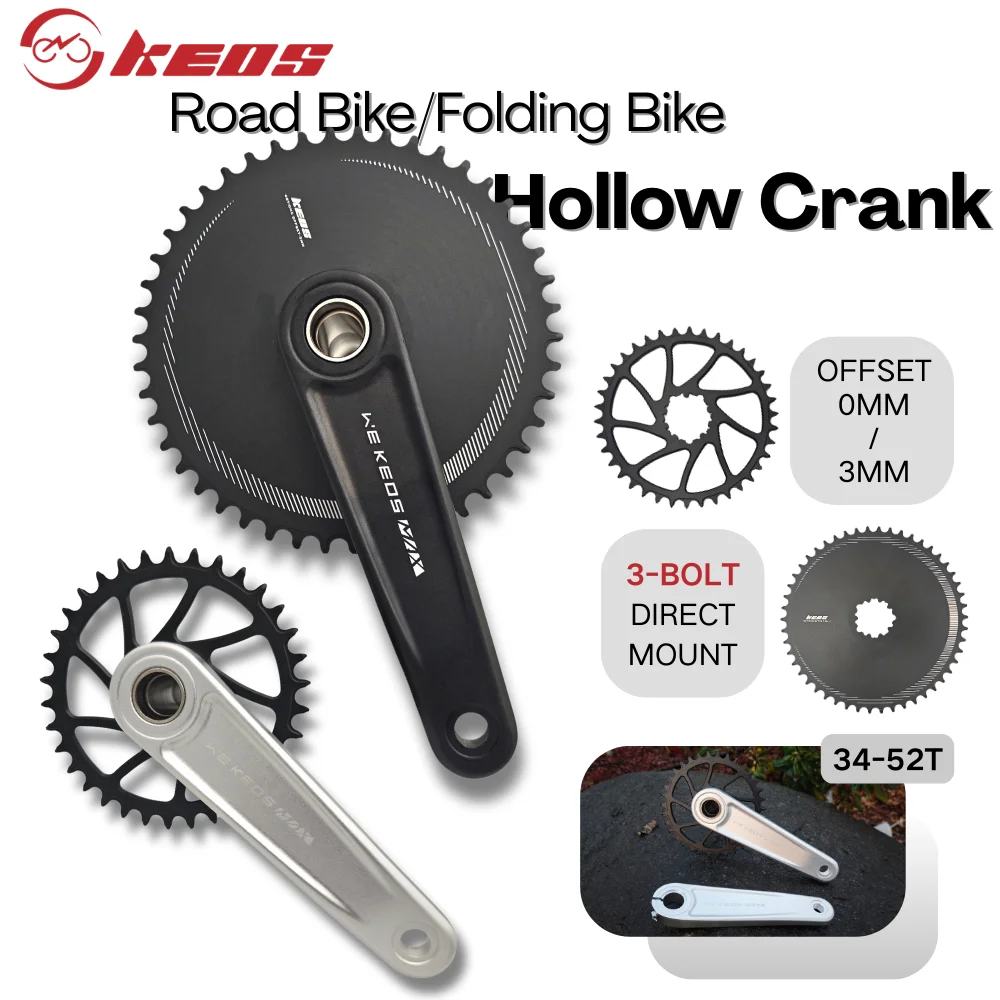 

KEOS 3-Bolt Direct Mount Hollow Crankset Black/Silver 165/170mm Aluminum Fit PR3/R7100/9200 Road Bike Special 34-52T