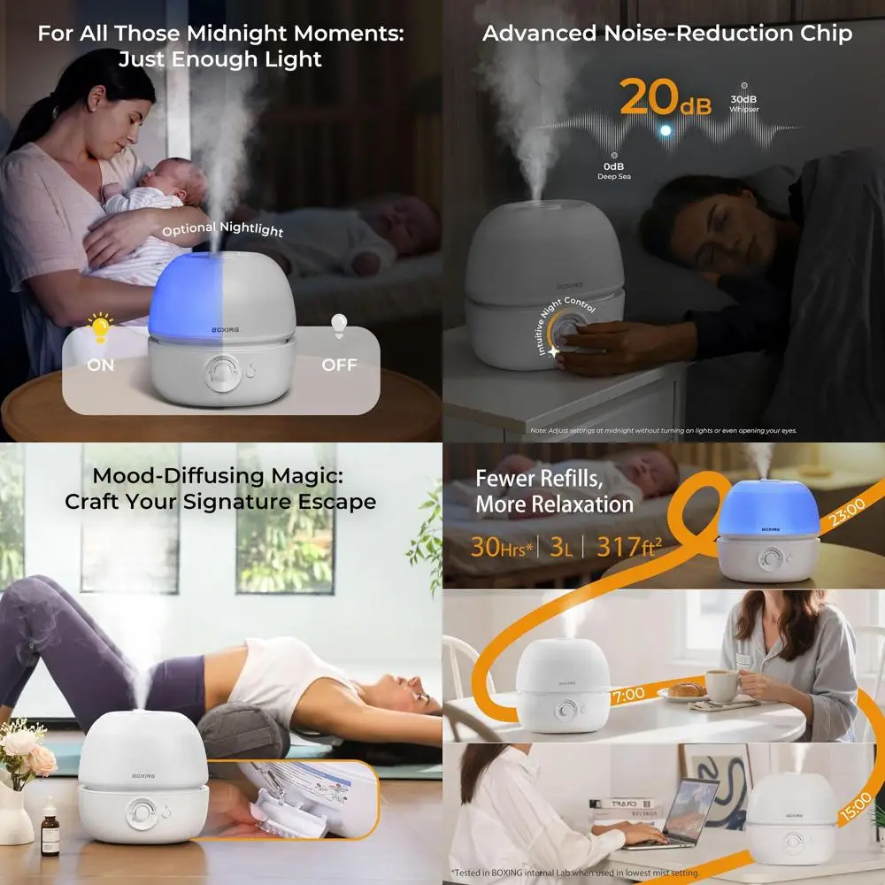 

Бесшумный увлажнитель воздуха с холодным туманом объемом 3 л для спален, детских комнат и офисов, с длительным временем работы, отсеком для эфирных масел, ночником, без BPA