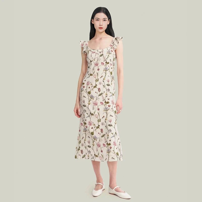 

Women's 19MM 90% Real Mulberry Silk Dress Floral Print with Small Flutter Sleeves Summer Dress Temperament Elegant Korean Style