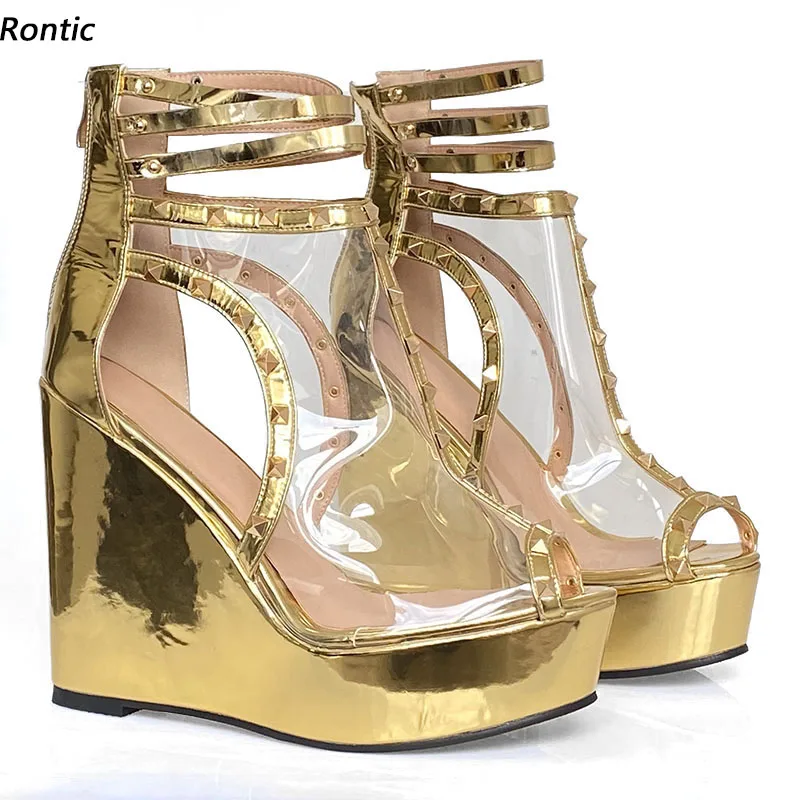 

Rontic Women Platform Sandals Sexy Studded Wedges Heels Open Toe Pretty Gold Silver Champagne Party Cosplay Shoes US Size 5-20