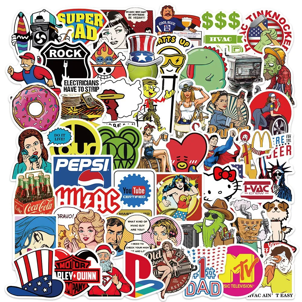 50Pcs Fashion Cool Brand Logo Stickers Aesthetic Motorcycle Phone Car Laptop Skateboard Sticker Decal Classic Kids Toys