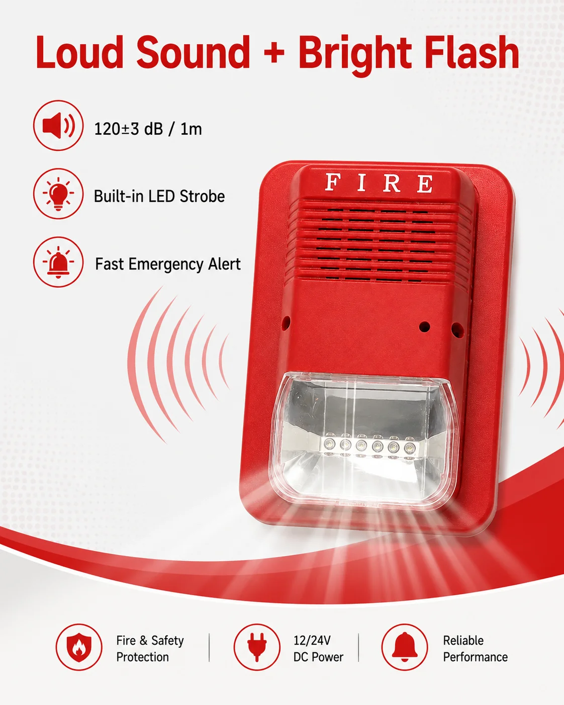 Commercial Building Fire Protection Equipment 120dB LED Strobe Siren Horn Dual 12V/24V 3 Adjustable Alarm Tones