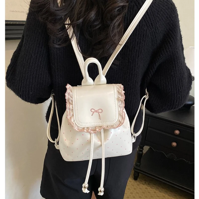 Cute Rabbit Ear PU Leather Backpack Pink Polka Dot Lace Trim Girls School Bag For Women Daily Ample Storage Space