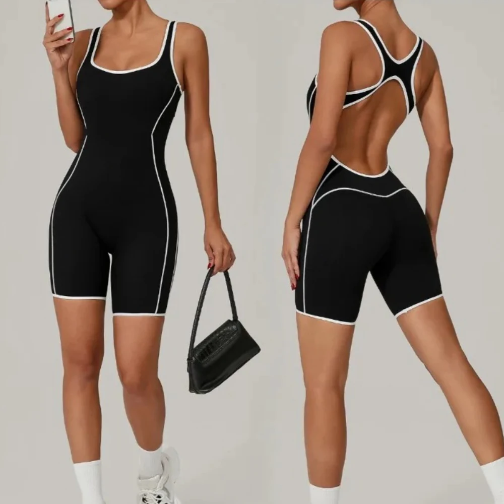 

Women's Color Contrast Workout Jumpsuit Cross Back Butt Lifting Bodysuit with Removable Bra Pad for Sport Gym Fitness Running