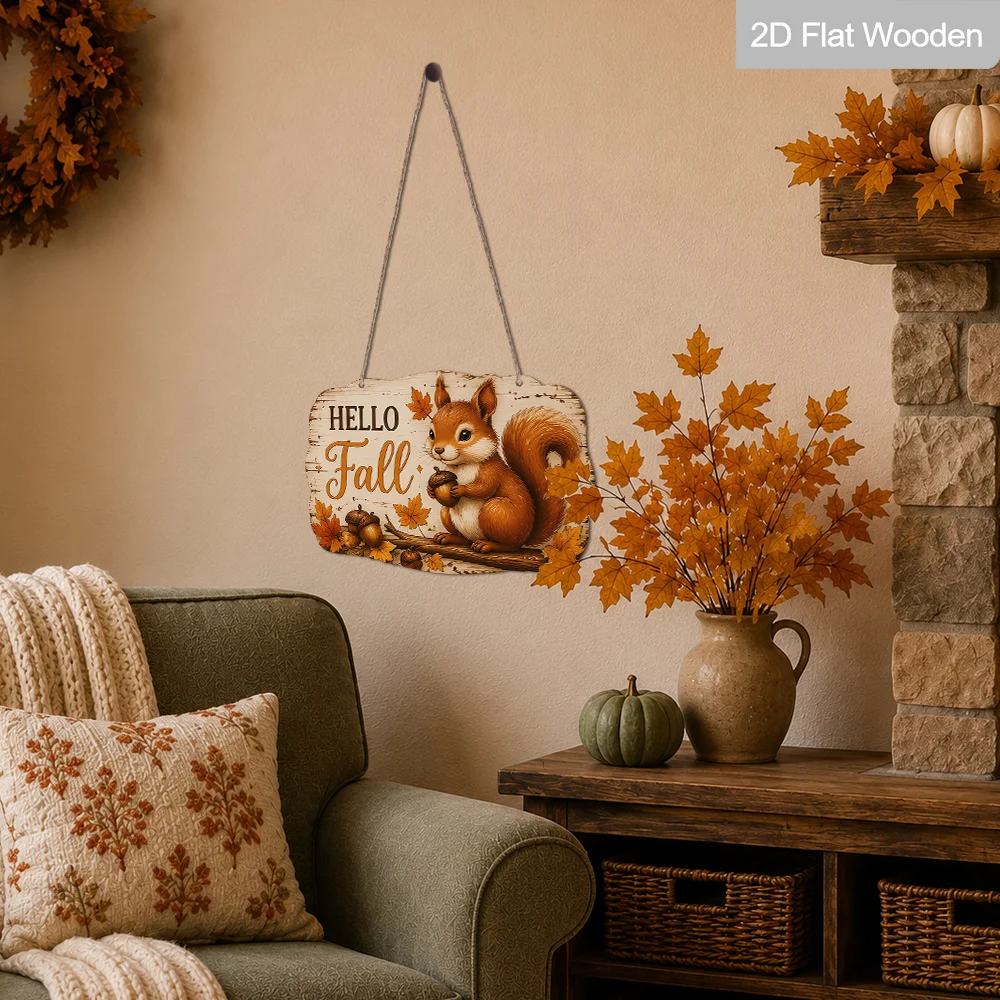 2D Print Hello Fall Squirrel Wooden Hanging Sign Maple Acorn Wood Plaque Farmhouse Autumn Front Door Wall Thanksgiving Decor