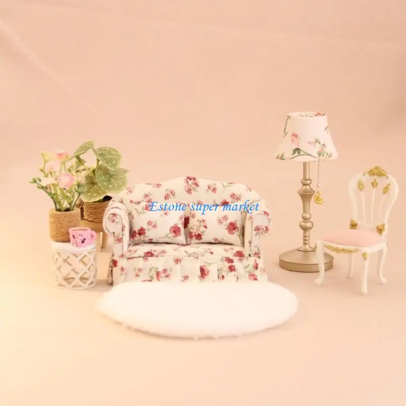 

090B 1:12 Dollhouses Living Room Table Kid LED Table Lamp Toy Furniture House Floral Table Lamp Dollhouses Furniture