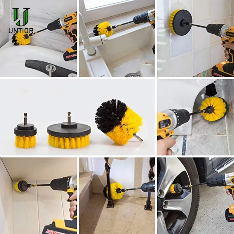 UNTIOR 3Pcs/Set Electric Scrubber Brush Drill Brush Kit Plastic Round Cleaning For Carpet Glass Car Tires Nylon Brushes