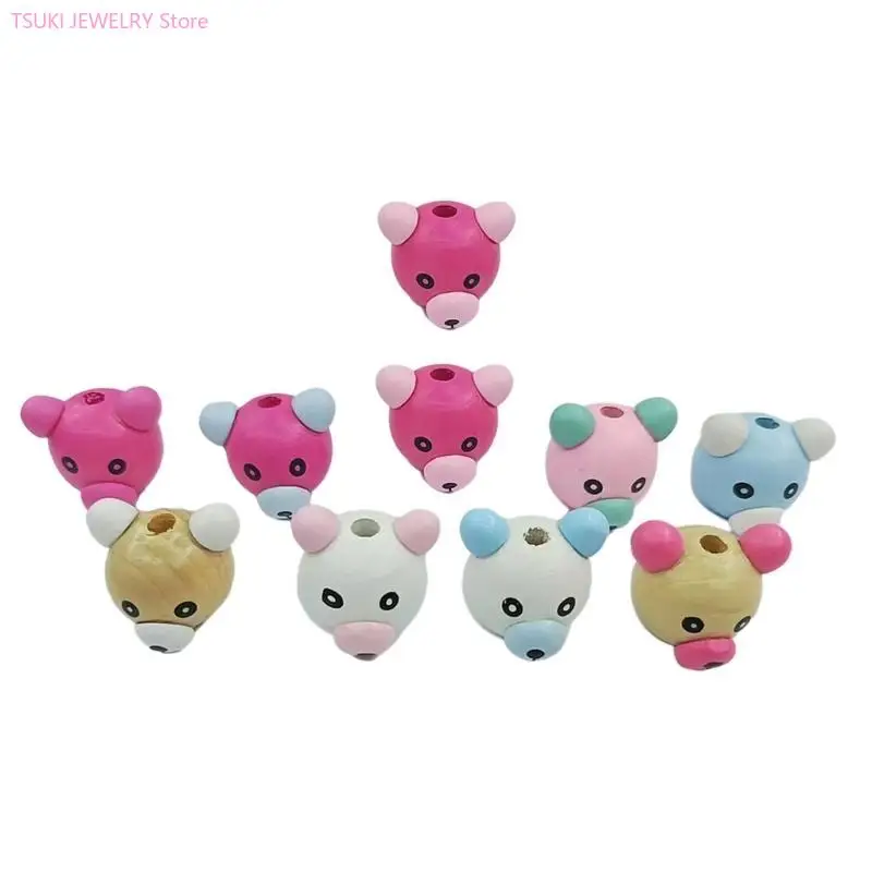 62ke Set von 10 runden Holzperlen mit Cartoon Tiergesichter gemischte Farbe Schöne Tier süße Holzperlen Schmuck für – Detail 7