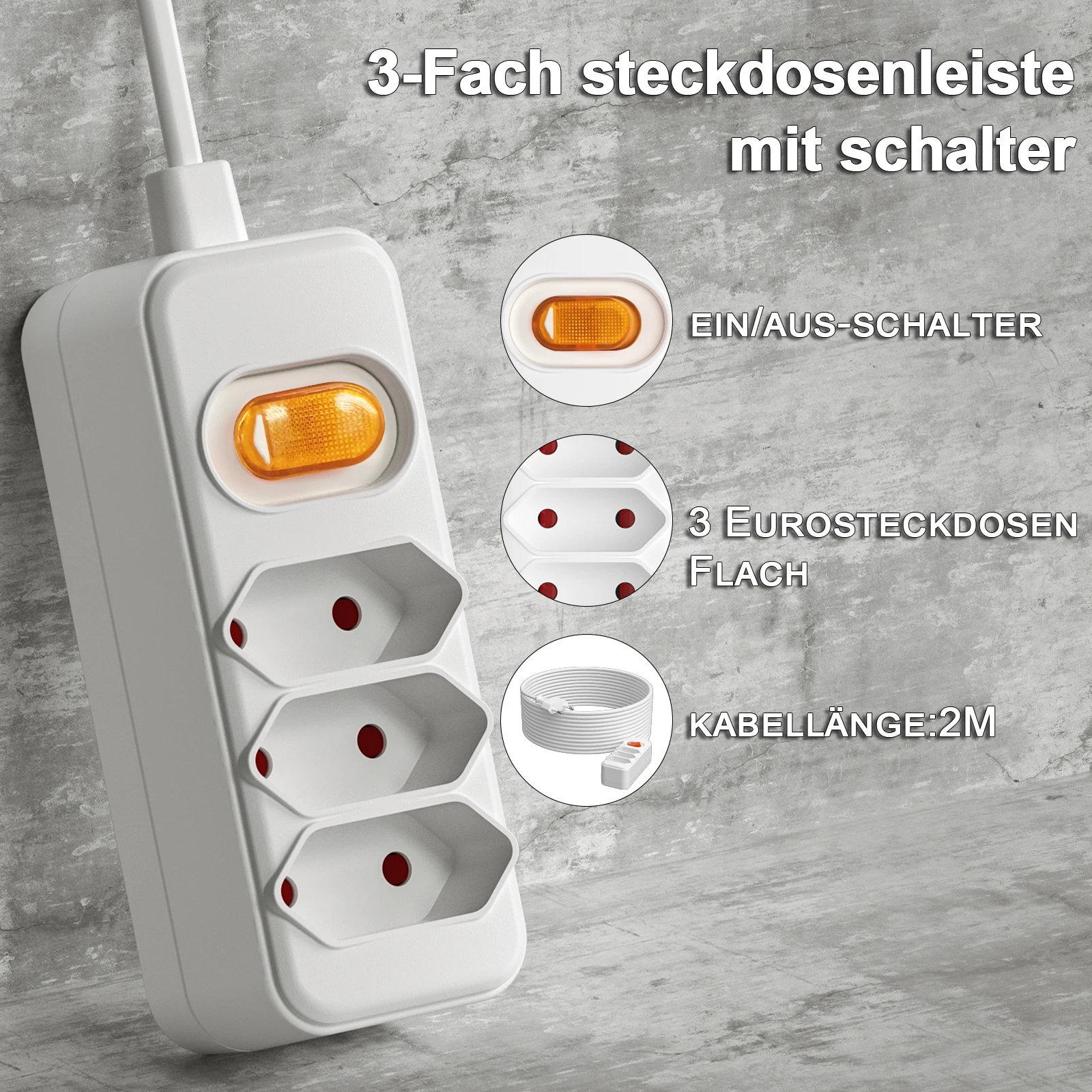 3-Way European Plug Power Strip 2 prong plug Multiple Socket with 2m Extension Cable Euro Outlet Power Adapter for TV computer