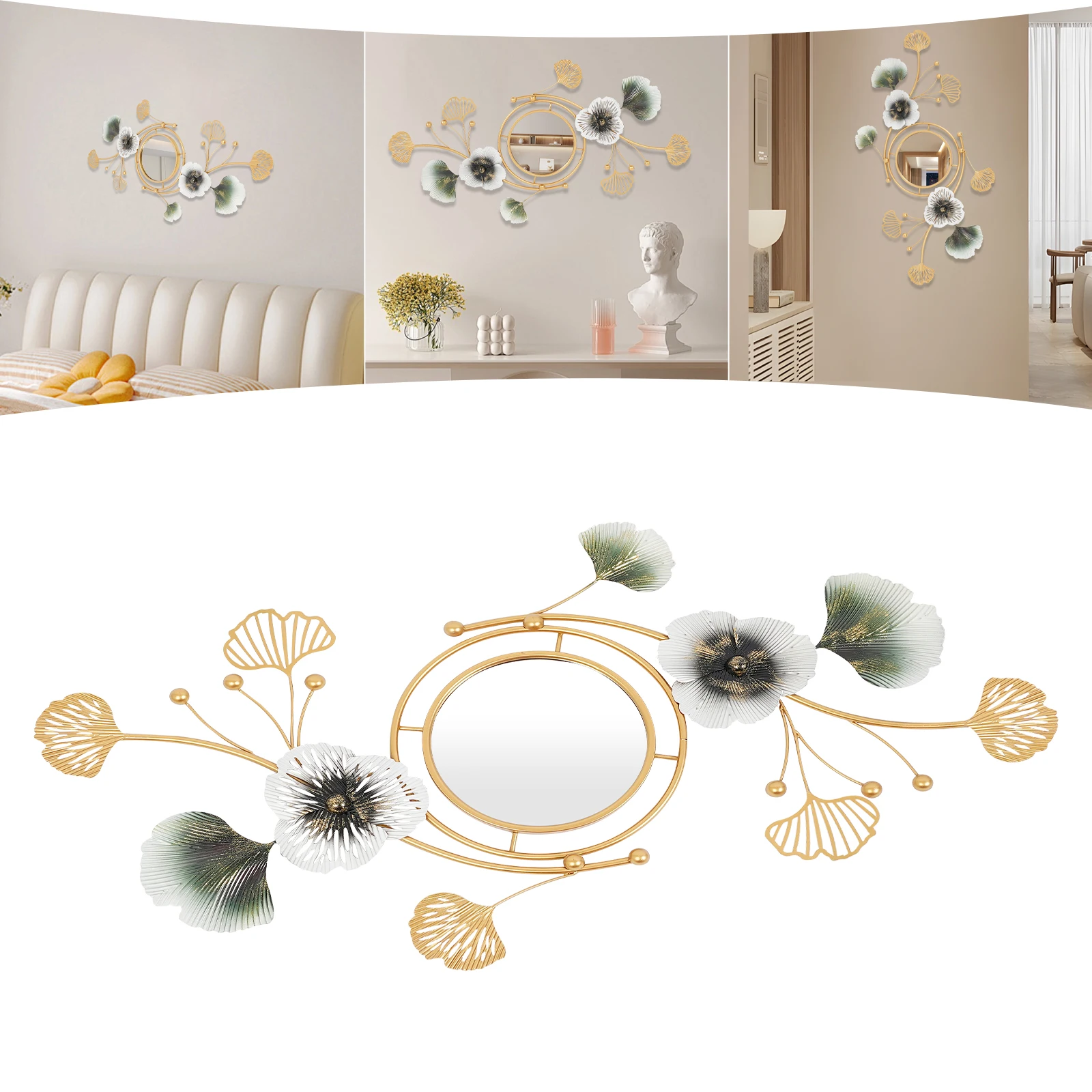 

Metal Decorative Wall Mirror Art of Ginkgo Leaf Shape Gold Polished for Bedroom Living Room Bathroom Vanity Entryway Office