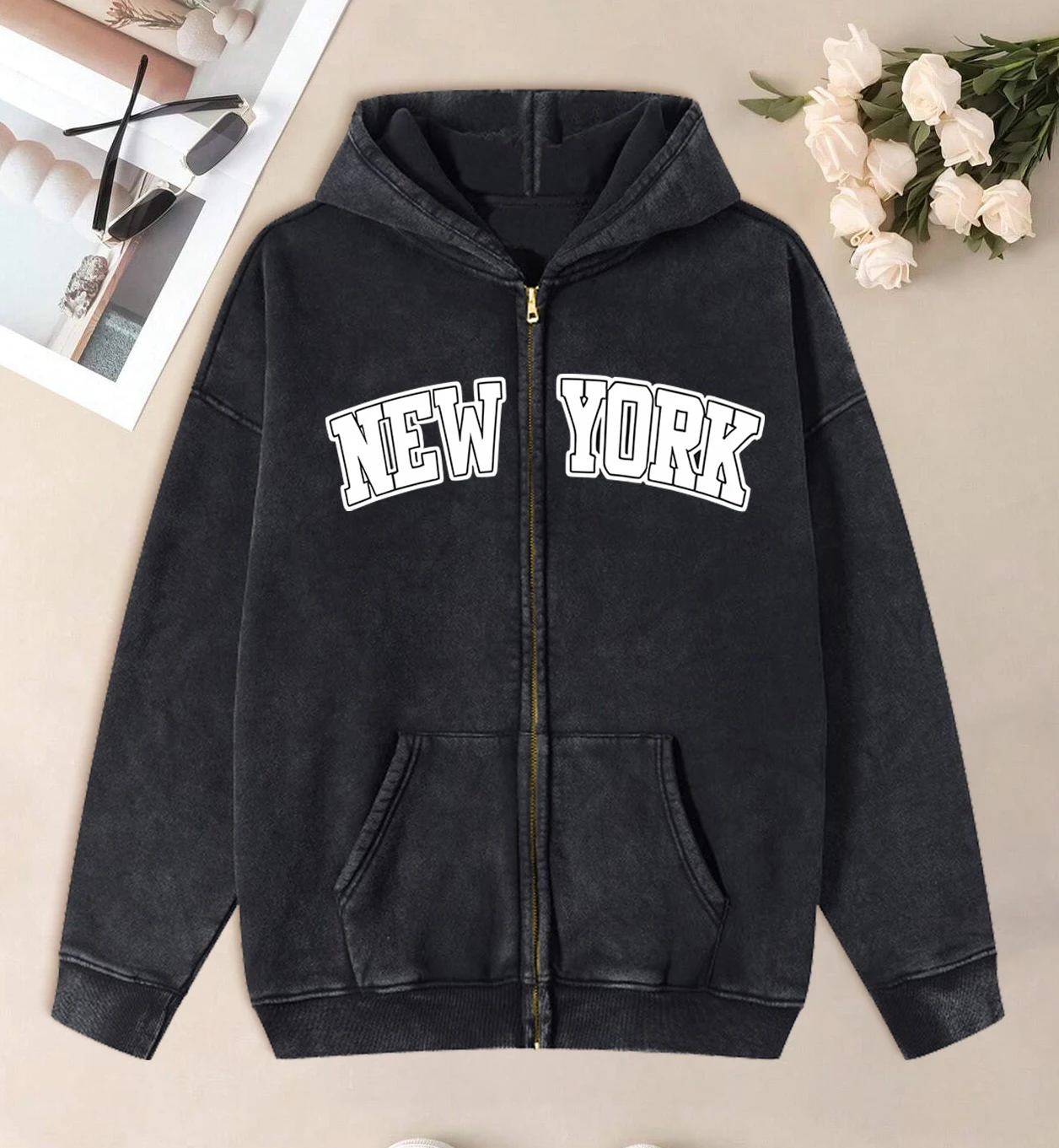 New York Creative Prints Women Washed Zipper Hoody Fashion Oversize Streetwear Casual Cotton Zip-Up Hoodie Autumn Hip Hop Tops