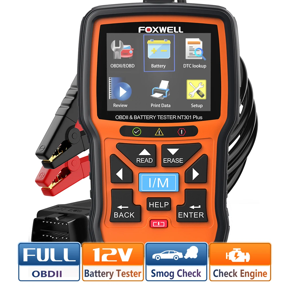 FOXWELL NT301 Plus Car OBD2 Scanner & 12V Battery Tester 100-2000CCA Cranking Charging System Tester Code Reader Auto Scanner