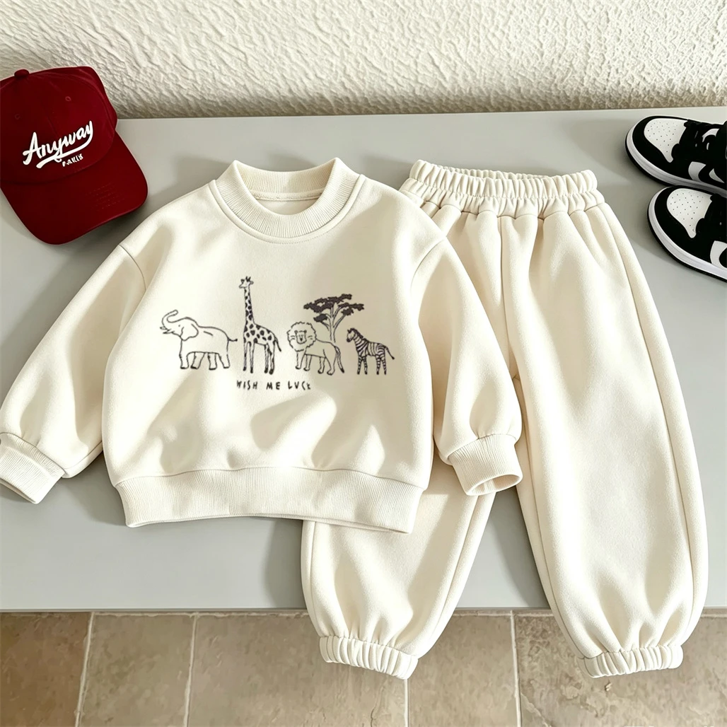 Cartoon Animals Print Sweatshirts Solid Color Pants 2pcs Casual Hoodie Loose Pants Kids New Design Spring Autumn Clothing