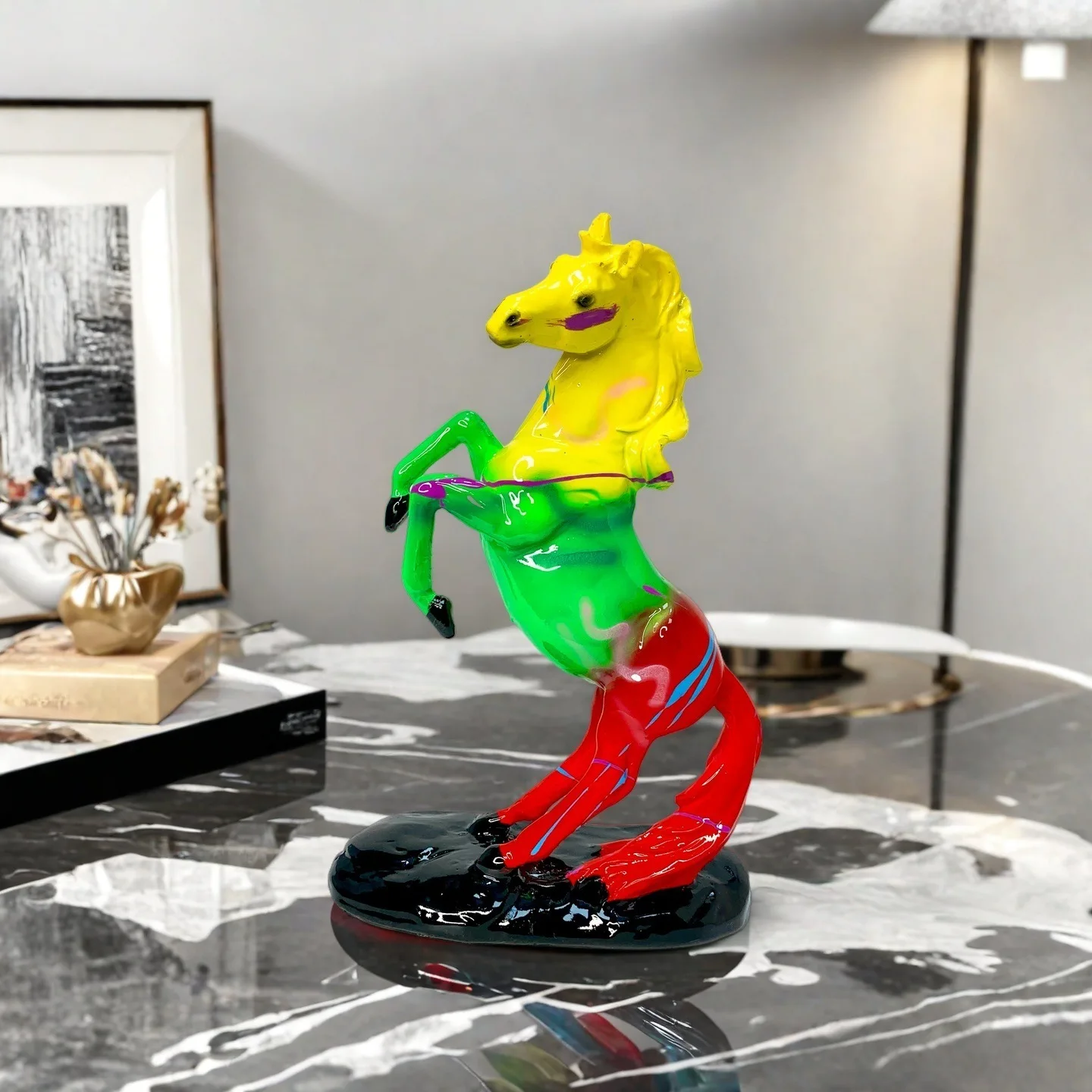 Graffiti Art Horse Statue Resin Crafts Office Colorful Transfer Printing Figurine Modern Home Decor Success Symbol Ornament