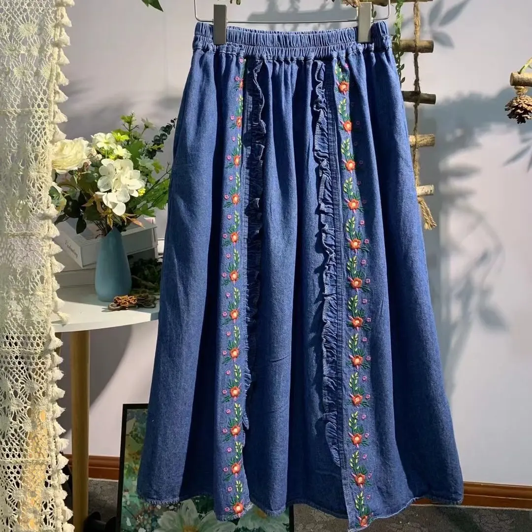 Mori Girl Style Vintage Flower Embroidery Skirt for Women Summer Elastic High Waist Loose A-Line Japanese Retro Loose Long Skirt