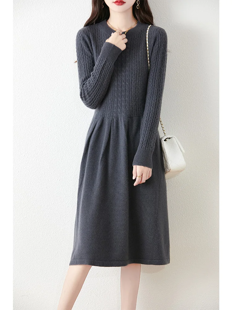 Threaded Sky Sketched Round Neck Knitted Dress Women's Autumn/Winter New Collection 100% Wool Long Skirt Pullover A-line Skirt