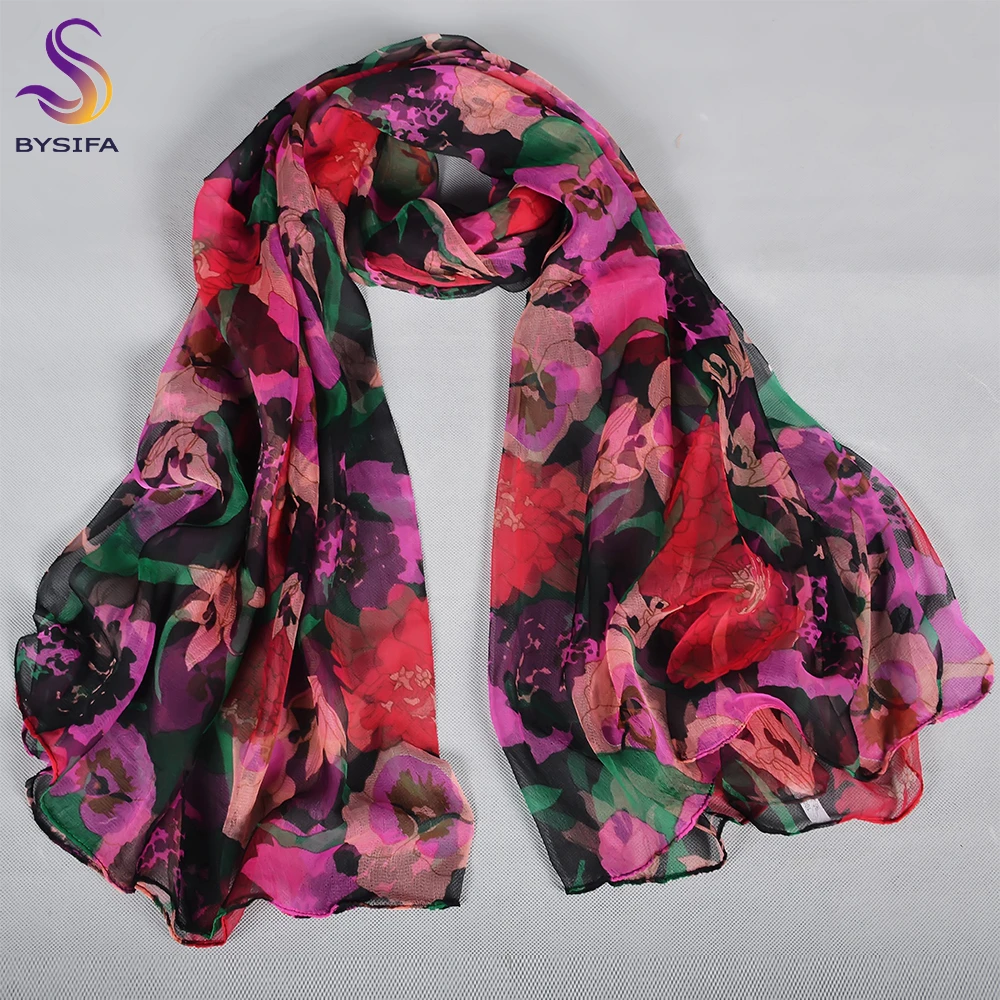 BYSIFA|Spring Pink Red Silk Scarf Shawl Female Elegant Floral Style Long Silk Scarves Foulard Summer New Beach Shawl Scarf Hijab