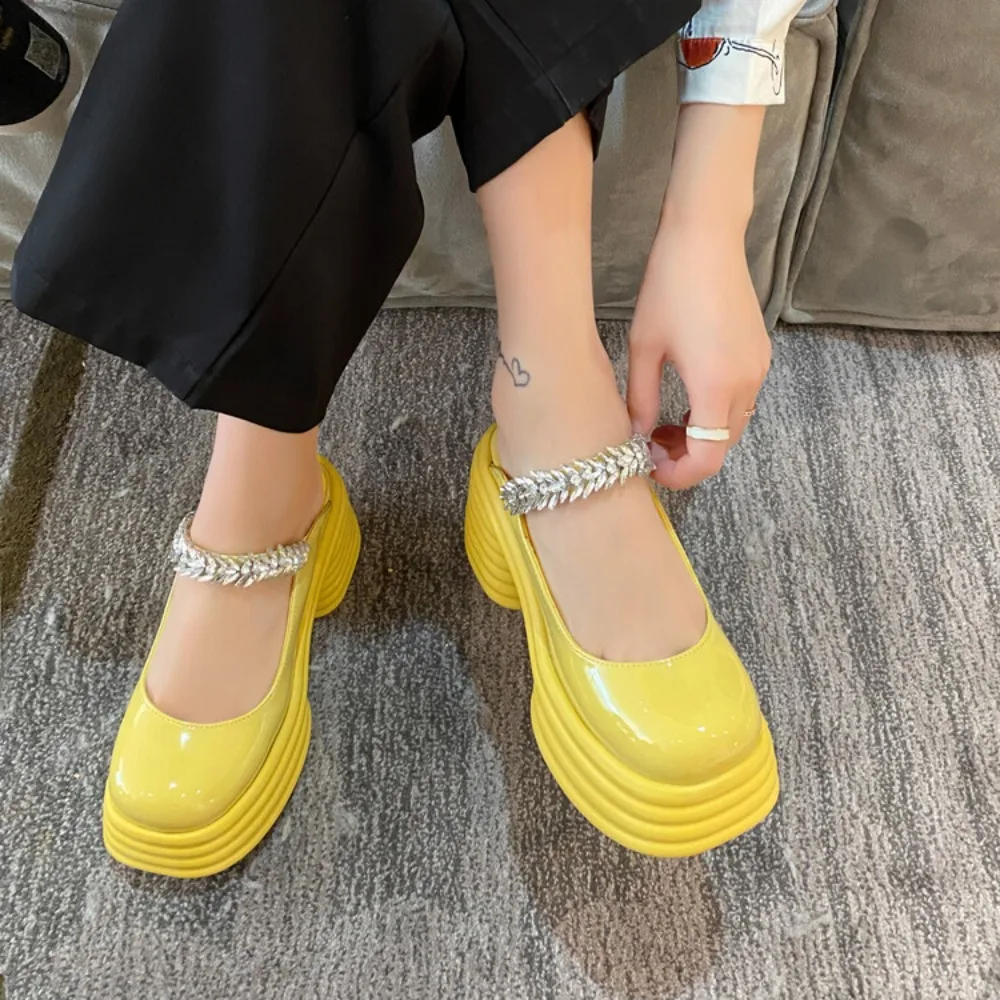 Patent Leather High Heel Slippers Sandal Woman Fashion Mules Shoes Women Yellow Pink White Chunky Heel Outdoor Womens Slippers