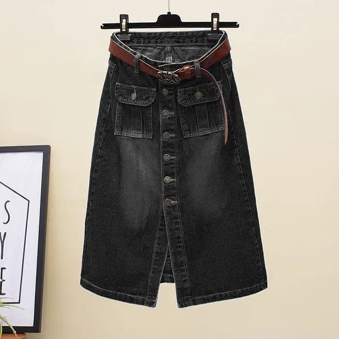 High Waist Slim Fit Midi Length Button Detail Denim Skirt Vintage Single Button Split a Line Skirt Spring New Sle