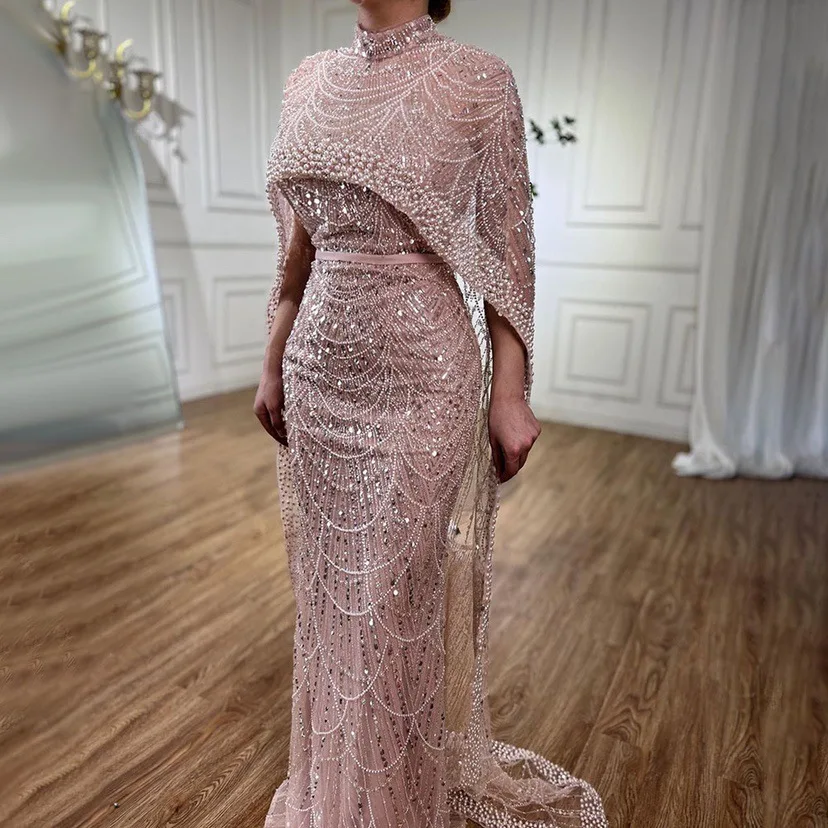 13 Color Sampl 2024 Embroidered Beaded Pearl Crystal Evening Dress Luxurious Rhinestone Dubai Mermaid Long Party Gown With Cloak