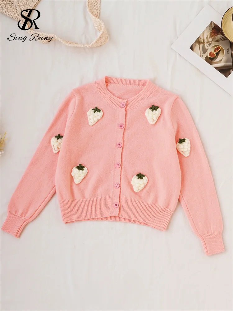 SINGREINY 2024 Fashion 3D Sweater Cardigan Female O-Neck Full Sleeves Single Breasted Strawberry Design Autumn Knitted Pullovers