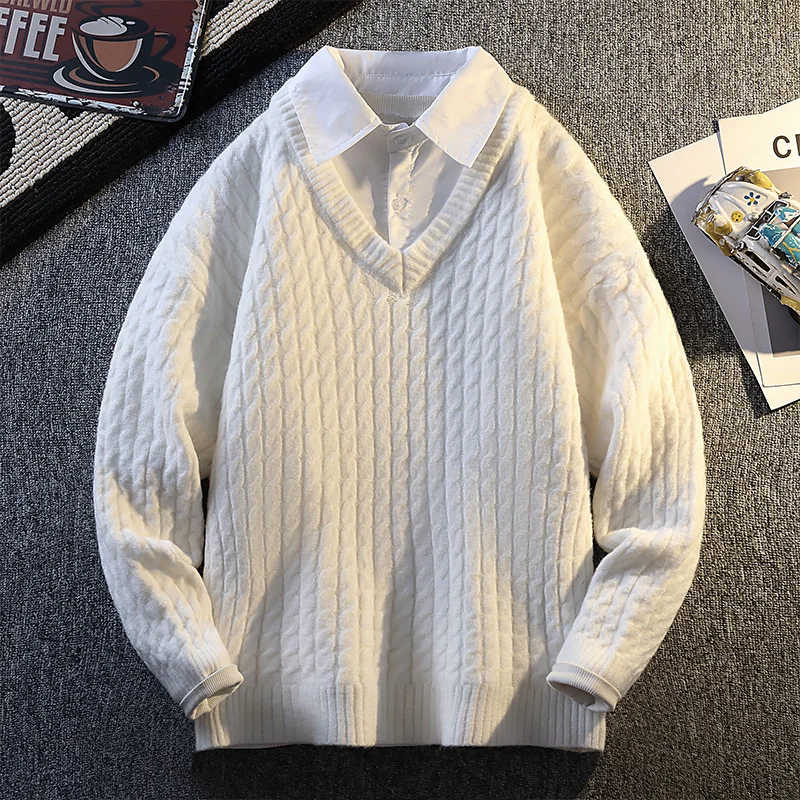 Fake Two-piece Shirt Sweater Pullover Spliced   long-sleeved Casual Fashion Top