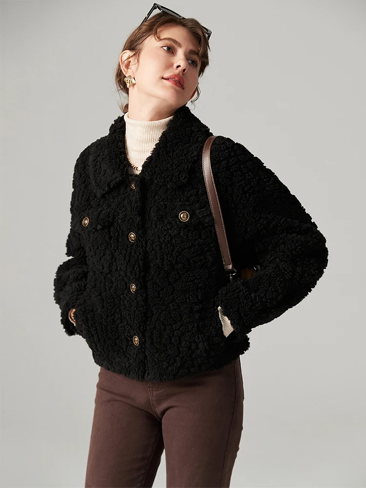 

Korean Sle ort Particle Lamb Fur Jaet Women's Coat 2024 New eep earing Fce Skin Inteated Coat Button Detail