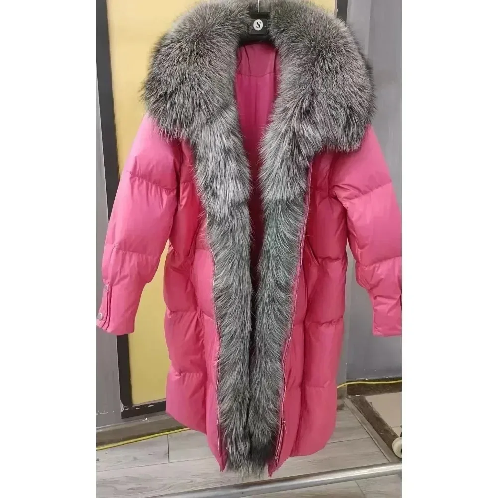 2024 Women Winter Big Real Silver Fox Fur Collar 90% White Duck Down Jacket Long Thick Warm Luxury Parka Female Outwear