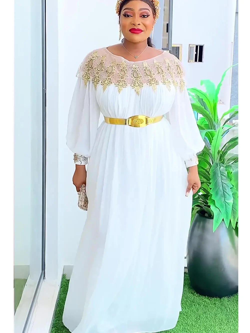Plus Size African Party Dresses for Women 2024 New Long Sleeve Evening Gown Elegant Turkey Muslim Chiffon Maxi Dress Robe