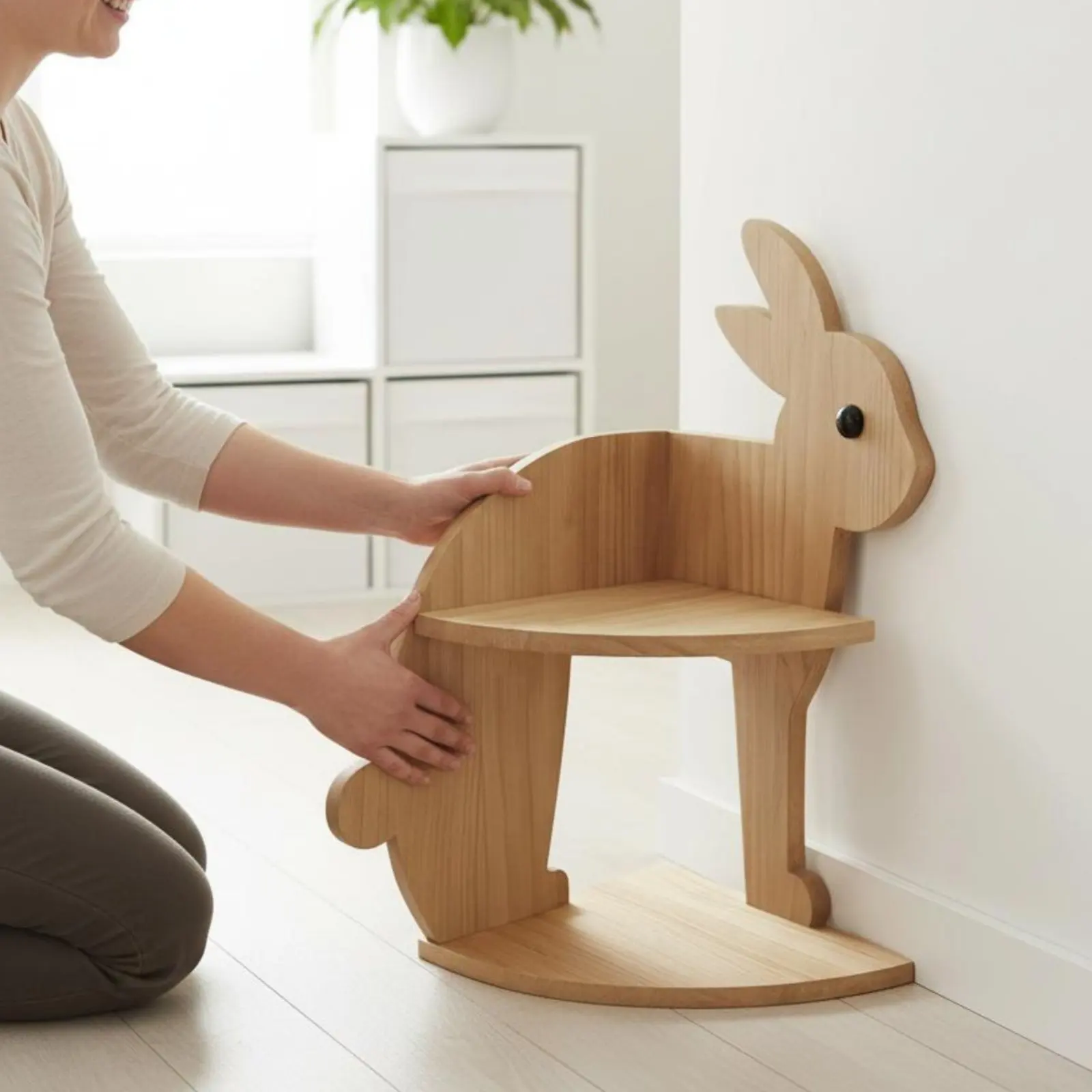 Rabbit Corner Shelf Space Saving Bunny Storage Rack Wooden Corner Organizer Modern Design Sturdy Construction for Children