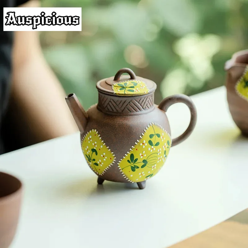 

130ml Pure Hand-painted Yellow Chrysanthemum Teapot Aesthetic Old Rock Mud Tripodia General Pot Tea Maker Kettle Tea Ceremony