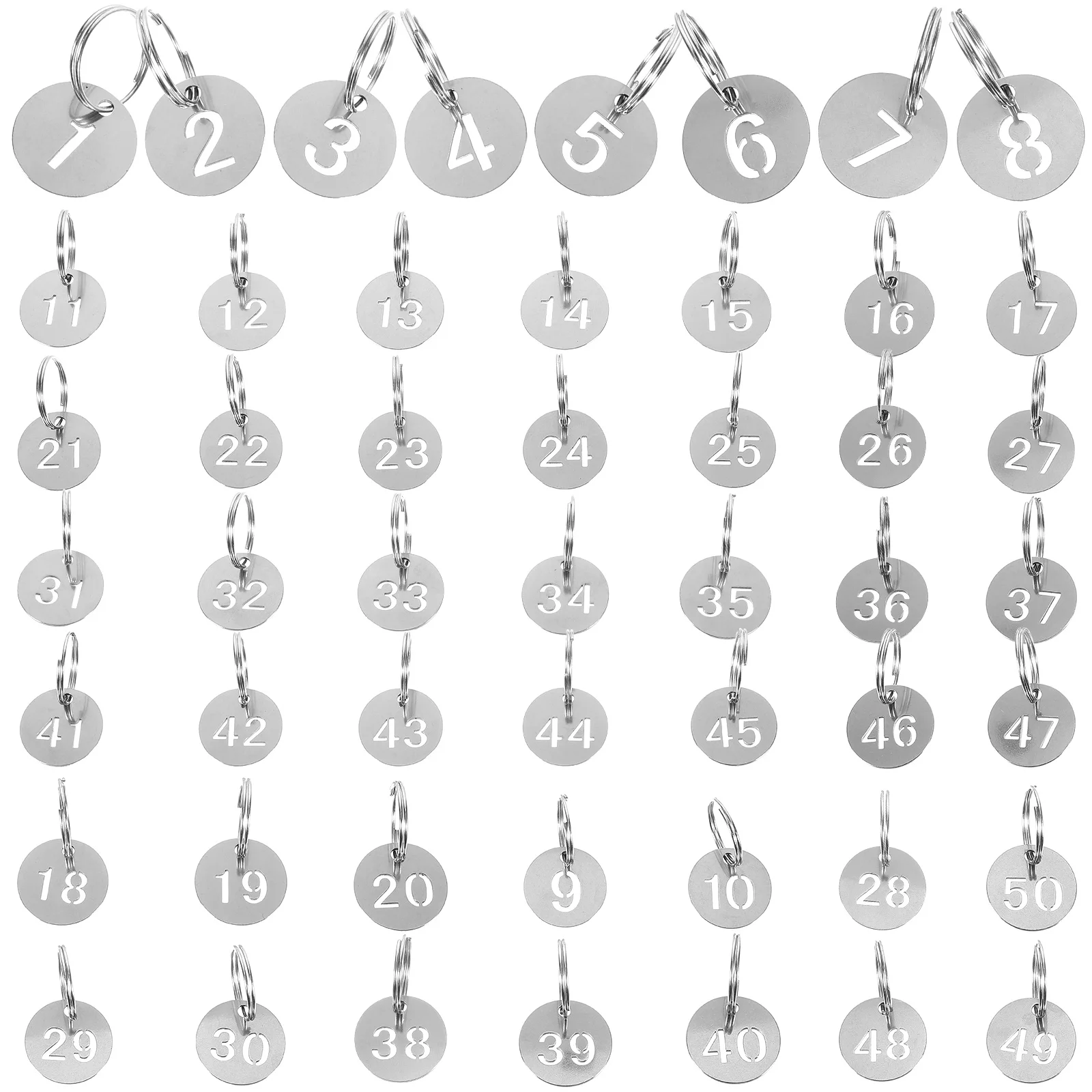 50 Pcs Stainless Steel Number Plate Key Labels with Rings Tags Round Hanging for Luggage Metal Numbered Keyring