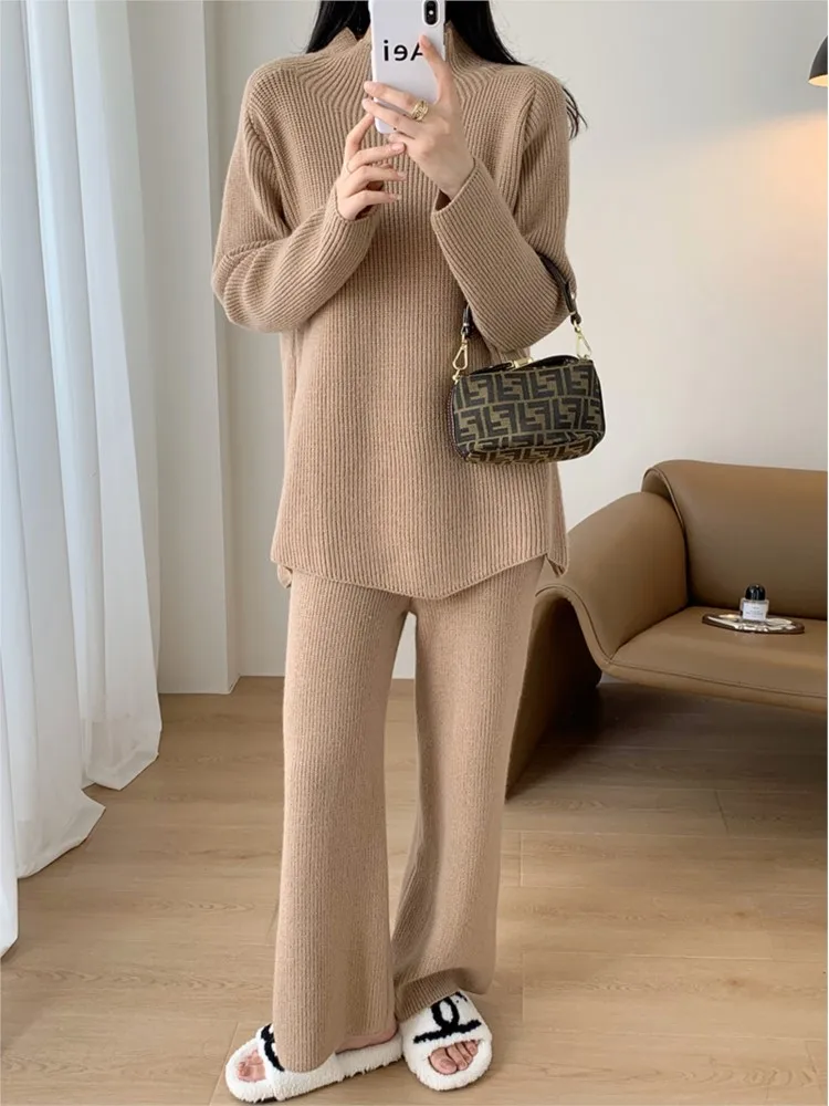 Knitted Autumn 2 Two Piece Set Women Casual Fashion Long Sleeve Ladies Sweaters Tops Loose Korean Style Woman Wide Leg Pants