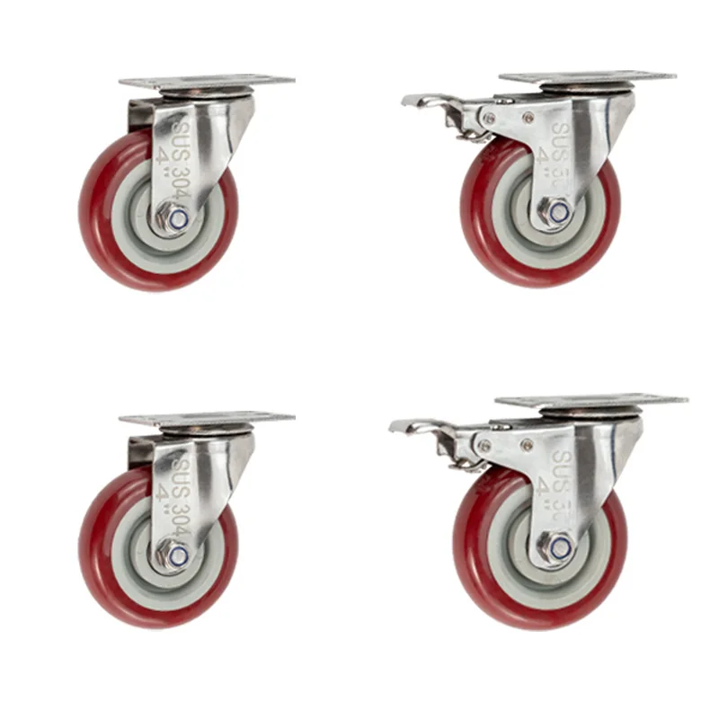 4units 4inch medium304 stainless steel polyurethane Caster mute no rust silent wheel rigid swivel brake wheelIndustrial casters